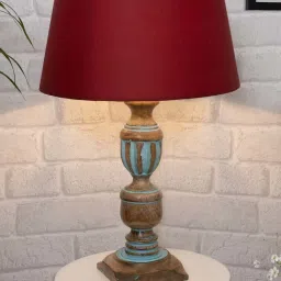 Homesake 'Rustic Distress' Red & Brown Wood Trophy Carved Table Lamp with Empire Shade - Set of 1 image 1