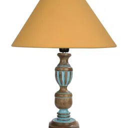 Homesake 'Rustic Distress' Mustard & Brown Wood Trophy Carved Table Lamp with Shade - Set of 1 image 2