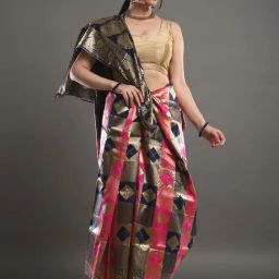 Saree Mall Pink & Navy Woven Saree With Unstitched Blouse-image-32