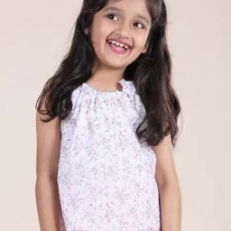 Kiddopanti Girls White Sleeveless Floral Printed Halter Neck Strap Top With Bow-image-2