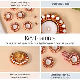Nestasia Handmade Multicolour Threadwork Tealight Candle Holders with Mirrorwork (Set of 6) image 4