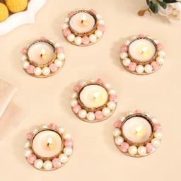 Nestasia Handmade Faux Pearl Bordered Candle Holders with Pink Beads (Set of 6)-image-14