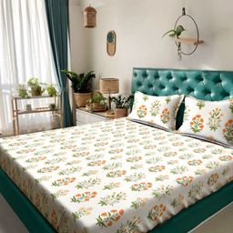 Aura Cream-Coloured & Green Floral Printed 300 TC Super King Bedsheet with 2 Pillow Cover-8
