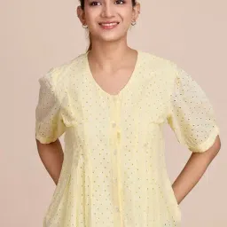 House of Mira Yellow Viscose Embroidery Peplum Top-image-69