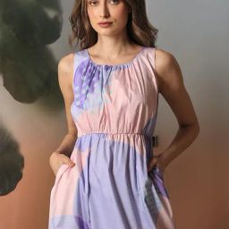 RAREISM Pink Cotton Printed Sleeveless Dress-image-57