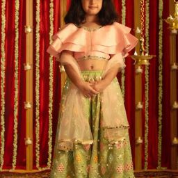 VASTRAMAY Girls Pink & Mint Green Embroidery Lehenga Cholis-image-113