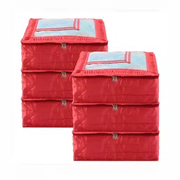 Aura Red & Transparent 6 Pieces Frill Top Window Satin Saree Bag Organisers-27