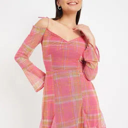 DRAPE AND DAZZLE Checked Shoulder Straps Cold-Shoulder Fit & Flare Mini Dress-picture-32