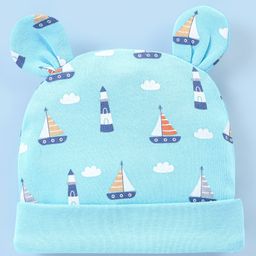Babyhug 100% Cotton Cap Boat Printed with Ears Applique  - Blue-image-72