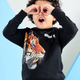 Pine Kids Full Sleeves Hooded Biowashed Sweatshirt Tiger Print - Black-image-47