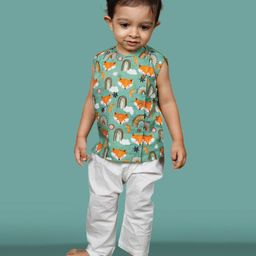 Polka Tots Sleeveless  Wolf & Rainbow Printed Kurta Pyjama Set - Green-image-39