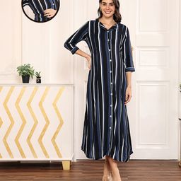 MomToBe Three Forth Sleeves Striped Maternity Dress With Zipper Access - Multi Colour-image-90