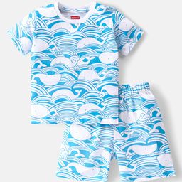 Babyhug Single Jersey Knit  Half Sleeves Nightsuit with Whale Print - Blue-image-35