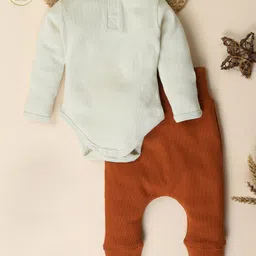 Cot & Candy Organic Cotton Full Sleeves Ribbed Onesie With Coordinating Leggings - Grey & Brown-picture-12
