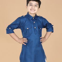 AJ Dezines Pure Cotton Full Sleeves Solid Pathani Kurta - Blue-image-86