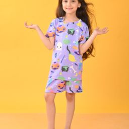 Anthrilo Knit Cotton Half Sleeves Halloween Theme Printed Coordinating Tee & Shorts Set - Purple-image-34