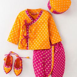 Exclusive from Jaipur Cotton Full Sleeves Kurta Dhoti Set with Cap & Mojaris - Orange & Rani Pink-image-5