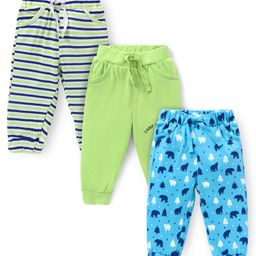 Doodle Poodle Single Jersey Knit Full Length Striped & Polar Bear Printed Leggings Pack of 3 - White Green & Blue-image-9
