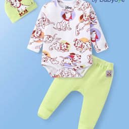 Babyoye Disney Interlock Knit Full Sleeves Onesie Set with Diaper Leggings & Cap with 101 Dalmatians Graphic- White & Green-image-35
