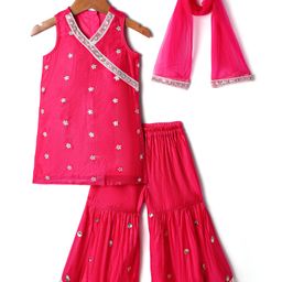 Babyhug Woven Sleeveless Floral Embroidered Kurti Gharara Set with Dupatta - Fuschia-image-57