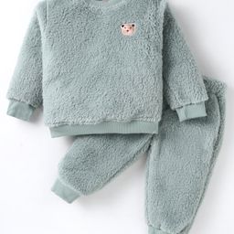 Little Kangaroos Fur Knit Full Sleeves Winter Wear Co-Ord Set With Bear Embroidery Detail - Mint Green-picture-4