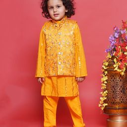 Little Bansi Full Sleeves Striped Foil Printed Kurta With Solid Pyjama & Floral Embroidered Nehru Jacket Set -Yellow-picture-9