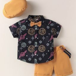 ToffyHouse Cotton Woven Half Sleeves Space Theme Printed Shirt & Shorts with Hat Bow & Suspender - Black-image-16