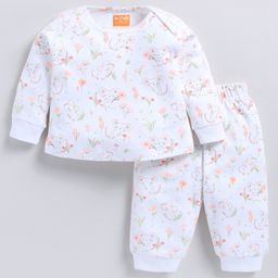 Snuggly MONKEY Interlock Knit Full Sleeves Floral & Mouse Printed Coordinating Night Suit Set - White-image-54