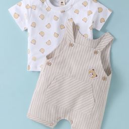 ToffyHouse Cotton Knit Striped Dungaree & Half Sleeves T-Shirt With Animal Print - Tan-image-10