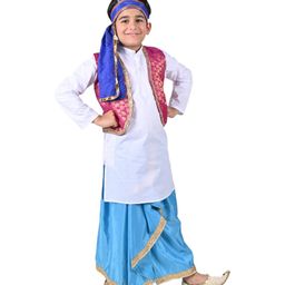 Itsmycostume Cotton Blend Full Sleeves Lace Embellished & Ethnic Foil Printed Punjabi Folk Dance Costume Set - White & Blue-image-97