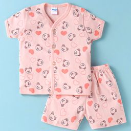 Tango Interlock Knit Half Sleeves Shorts Night Suit With Teddy Bear & Heart Print - Pink-image-46