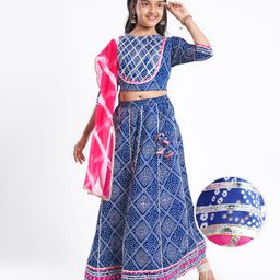 Pine Kids Rayon Woven Full Sleeves Choli Lehenga Set & Dupatta With Bandhani Print & Lace Detailing - Blue-picture-5