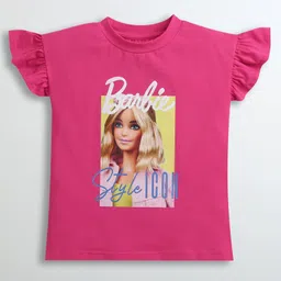 Barbie by Tiny Girl Mattel Featuring Flutter Sleeves Barbie Printed Top - Hot Pink-picture-1