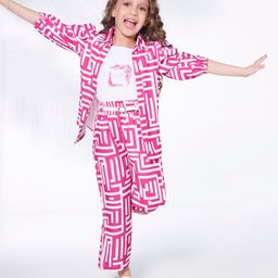 Ministitch Smile Text Printed Top & Pant With Three Fourth Puffed Sleeves Jacket Set - Pink-image-14