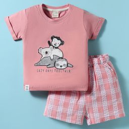 CUCUMBER Single Jersey Knit Half Sleeves Embroidered Shorts Night Suit With Animal Theme & Checks - Pink-image-23