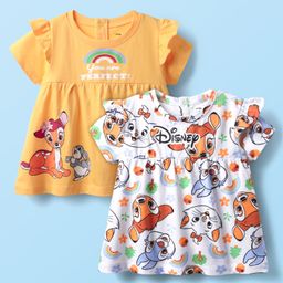 Babyhug Disney Single Jersey Knit Half Sleeves Frock Style T-Shirts with Bambi Graphics Pack of 2 - Yellow & White-image-21