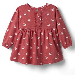 CUCUMBER Interlock Knit Full Sleeves Birds Printed Frock With Frill Detailing - Maroon-21