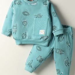 Zero Interlock Knit Full Sleeves Co-Ord Night Suit with Space Ship Print - Turquoise-picture-36