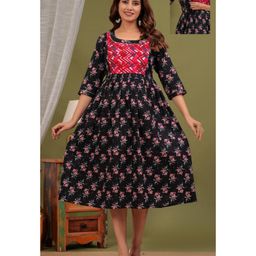 NEVISHA STYLE Cotton Woven Three Fourth Sleeves Floral Printed Maternity Kurta With Nursing Access - Black-image-81