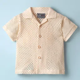 Dapper Dudes Half Sleeves Geometric Crochet Designed Shirt - Fawn-picture-16