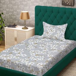 KLOTTHE Grey & White Floral 300 TC Single Bedsheet with 1 Pillow Covers-image-83