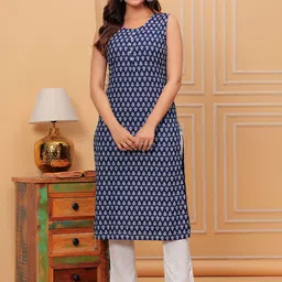 SRFA Ethnic Motifs Printed Sleeveless Straight Kurta with Trousers-image-85