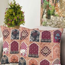Blue Grass Maroon & Brown 2 Pieces Ethnic Motifs Printed Velvet Square Cushion Covers-image-52