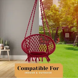 Swingzy Red Hammock Cotton Round Hanging Swing with Red Square Cushion image 3