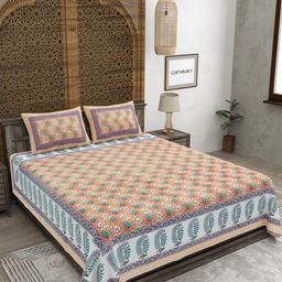 CLOTHOLOGY Orange & Blue Printed 180TC Pure Cotton King Bedsheet Set 2.75 m x 2.25 m-image-99