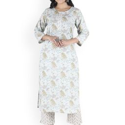 Kwatchi Floral Printed Round Neck Straight Pure Cotton Kurta With Trousers-image-85