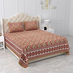 Qfab Brown Floral 144 TC Queen Bedsheet with 2 Pillow Covers-image-93