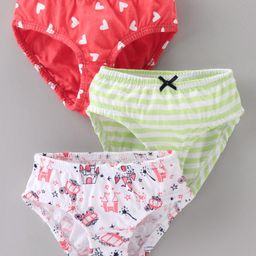 Babyoye Cotton Panties Castle & Heart Print Pack of 3 - Red Green White-image-61