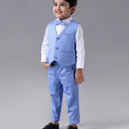 Babyhug Full Sleeves 3 Pieces Party Suit With Bow - Blue-picture-34