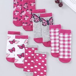 Cute Walk by Babyhug Cotton Blend Ankle Length Anti Bacterial Socks Multi Print Pack of 5 - Pink Grey White-image-82